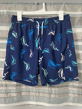 maamgic Navy Shark/Fish Print Swim Trunks with Compression Lining